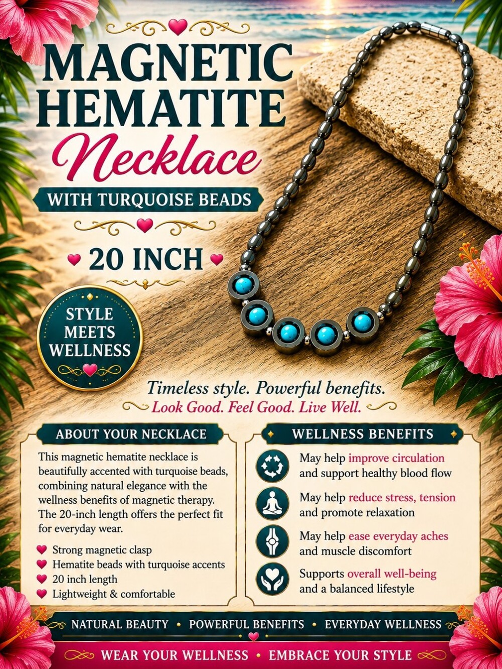 20.  Magnetic Hematite Necklace with Turquoise Beads - 20 Inch